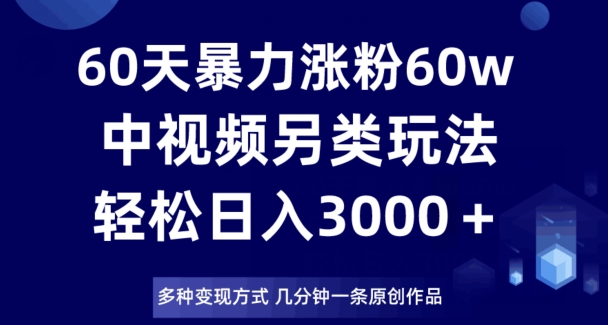 0天暴力涨粉60W，中视频另类玩法，日入3000＋，几分钟一条原创作品多种变现方式"