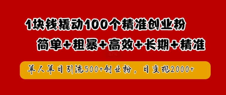 块钱撬动100个精准创业粉，简单粗暴高效长期精准，单人单日引流500+创业粉，日变现2k【揭秘】"