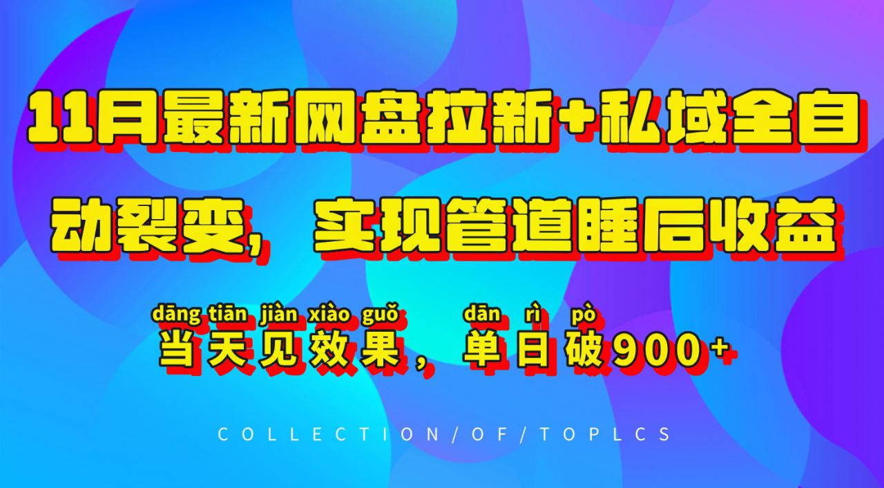 1月最新网盘拉新+私域全自动裂变，实现管道睡后收益，当天见效果，单日破900+"